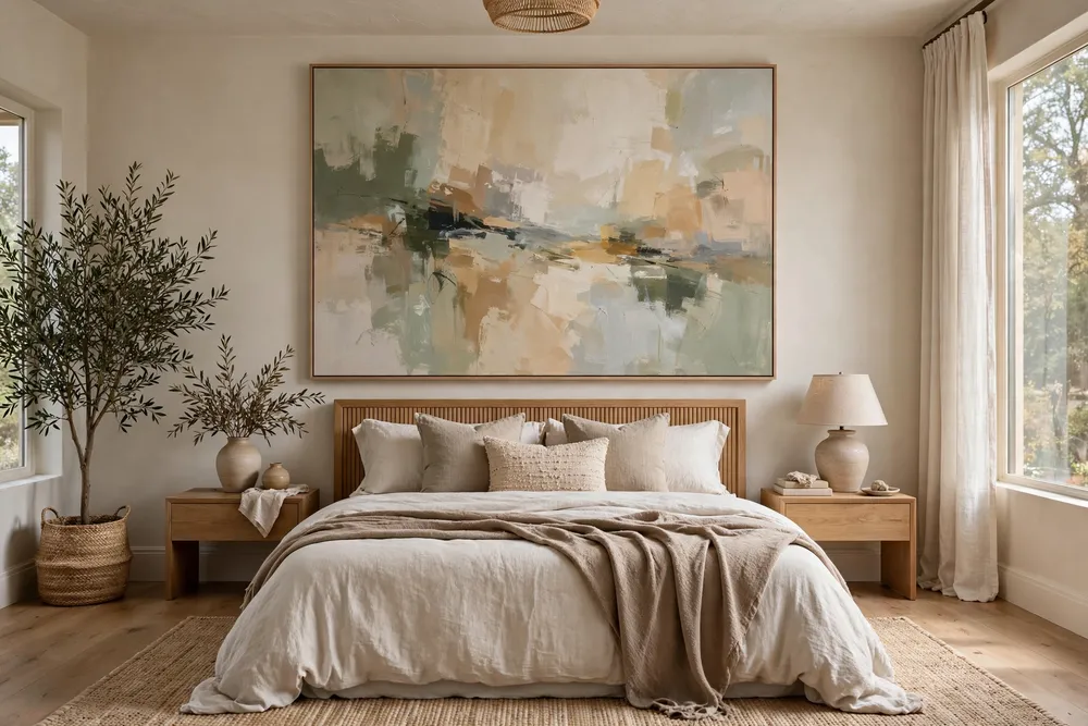 Primary bedroom featuring one piece of oversized artwork