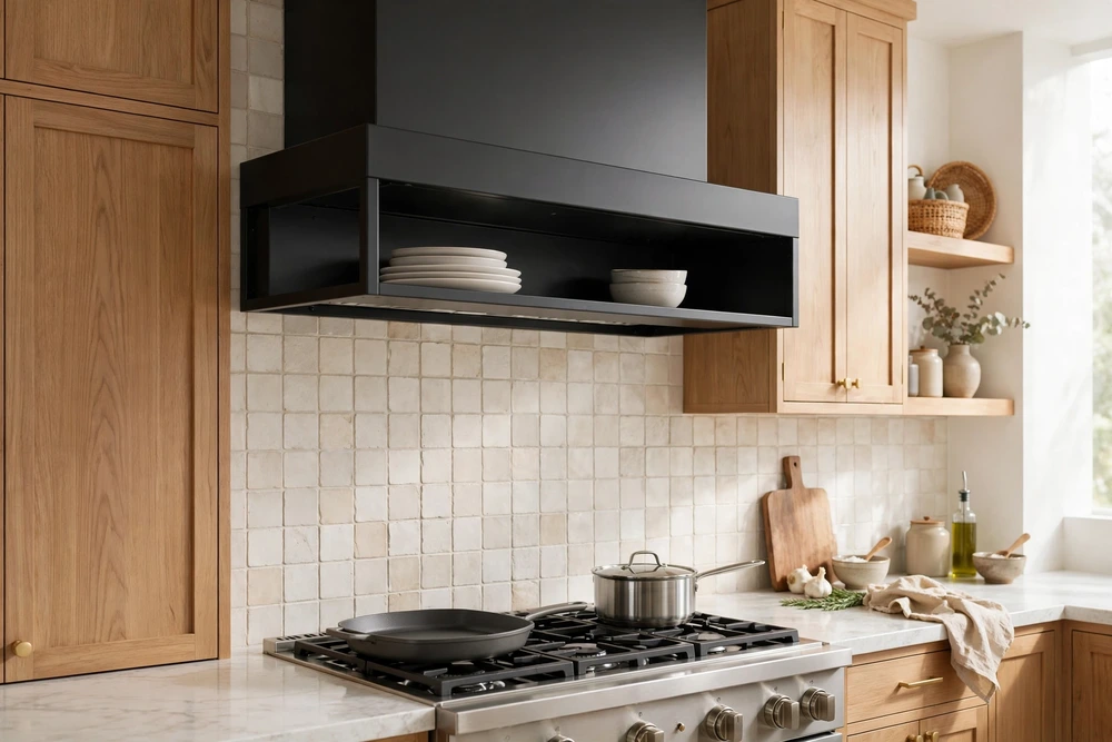 Kitchen range hood with an integrated warming shelf