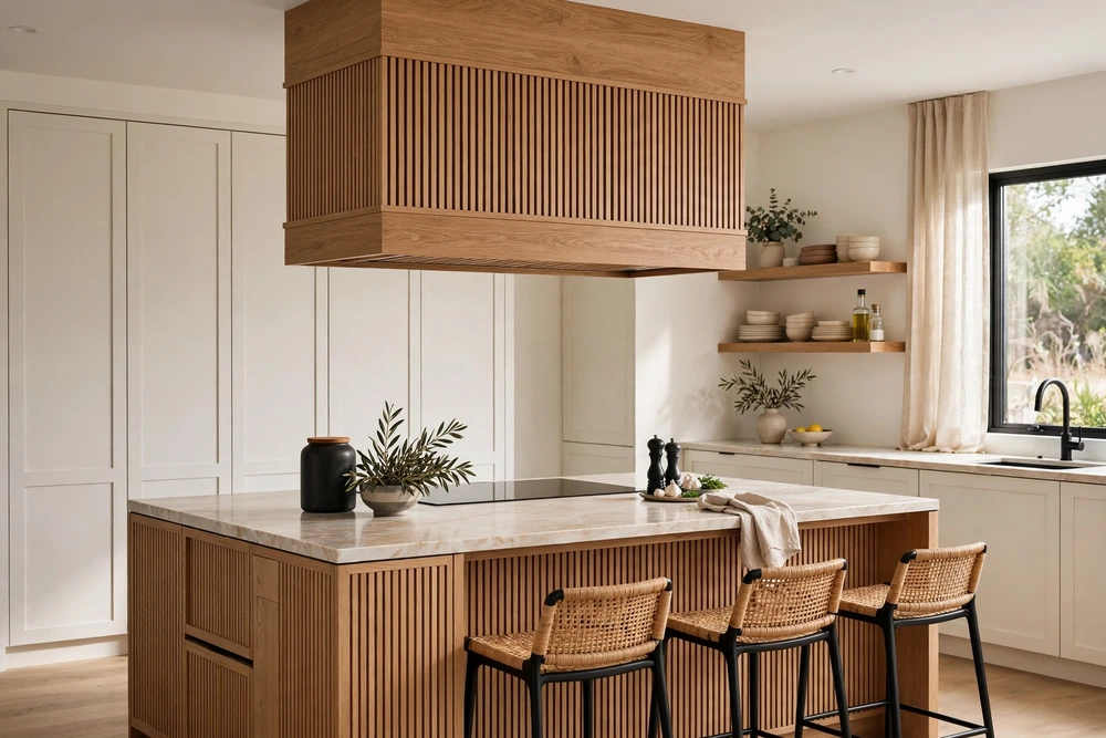 Kitchen range hood coordinated with the finishes of the kitchen island