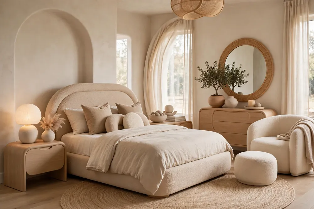 Primary bedroom styled with soft rounded furniture pieces