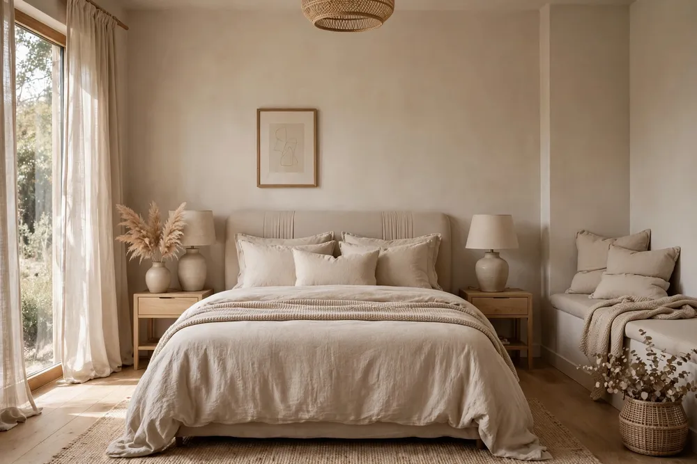 Primary bedroom decorated in a single monochromatic color scheme
