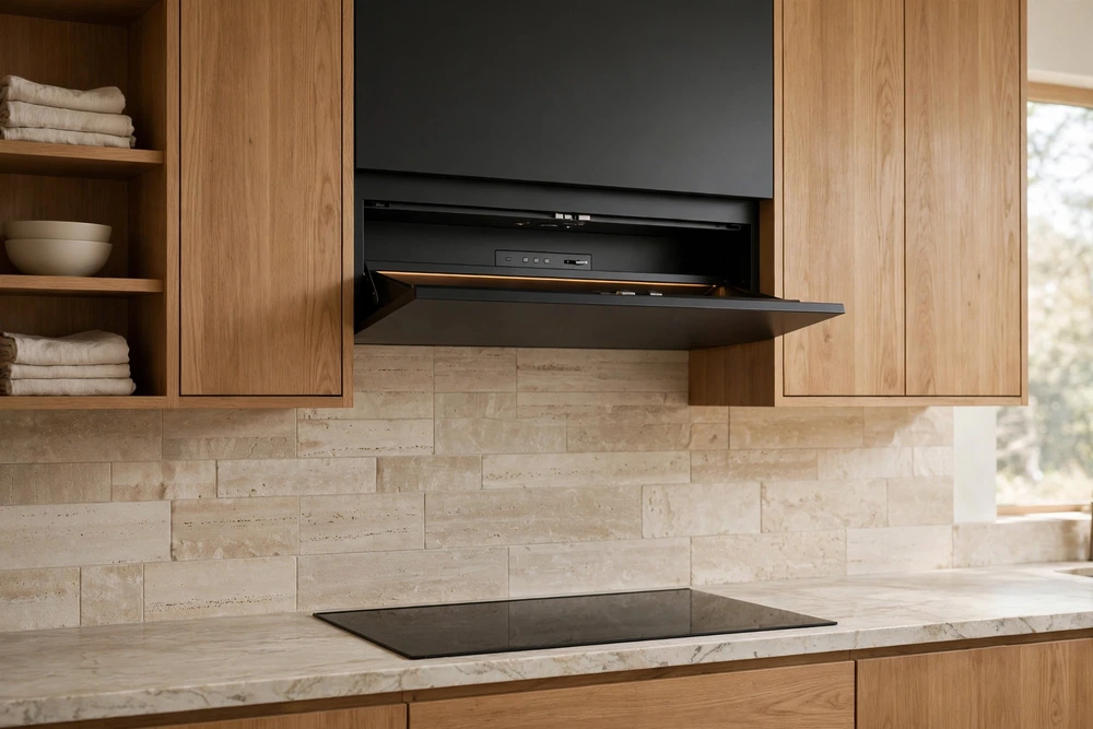 Kitchen range hood with a concealed control panel