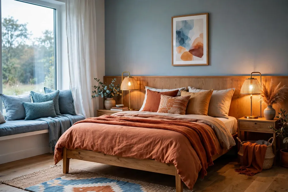 Primary bedroom combining warm and cool colors in harmony
