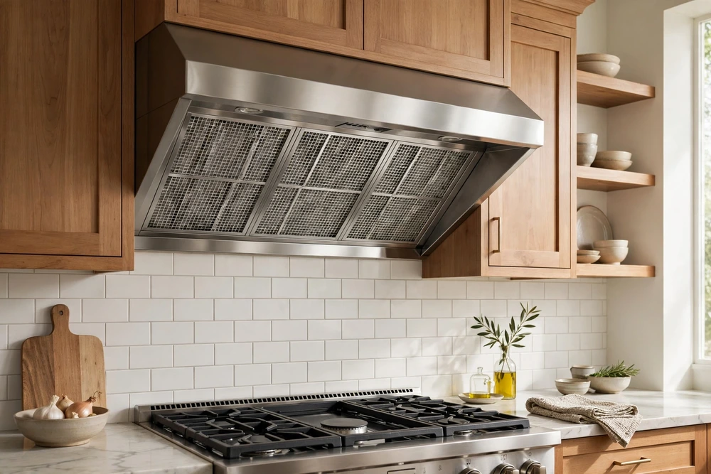 Kitchen range hood with a visible decorative filter pattern