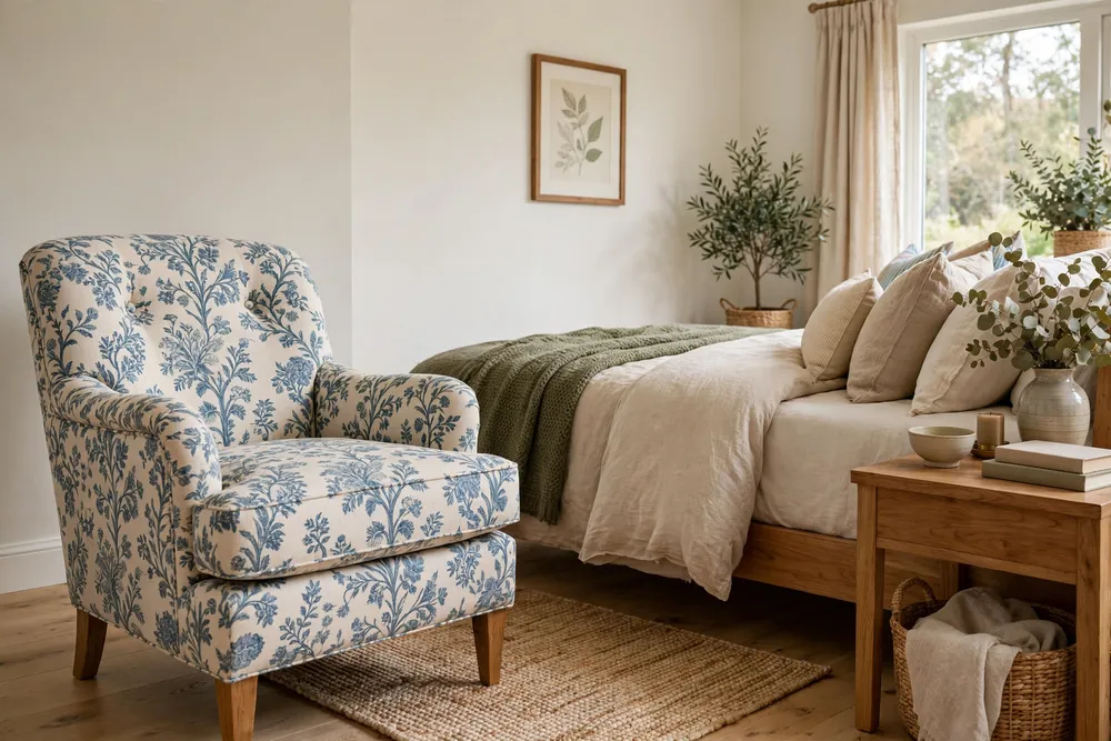 Primary bedroom corner with a patterned upholstered accent chair