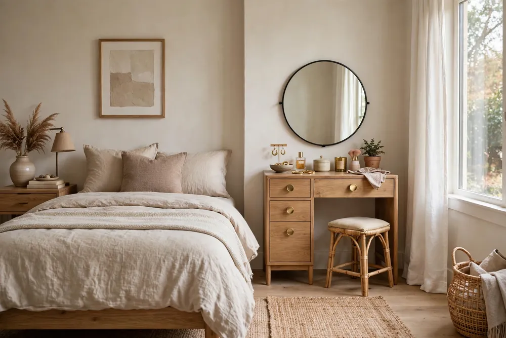 Primary bedroom with a dressing table and compact vanity