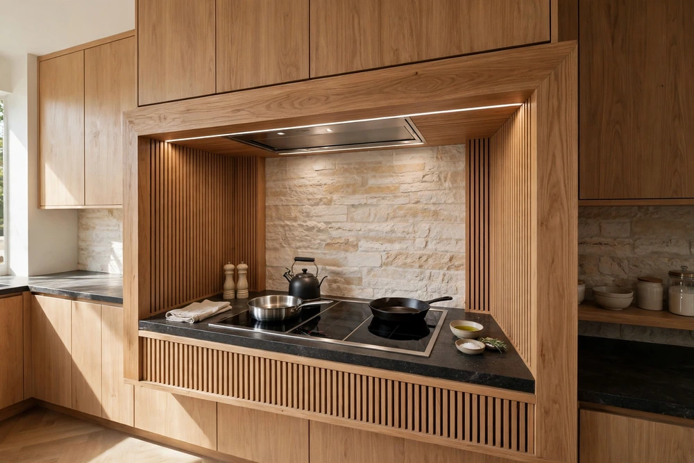Kitchen range hood designed around an induction cooktop