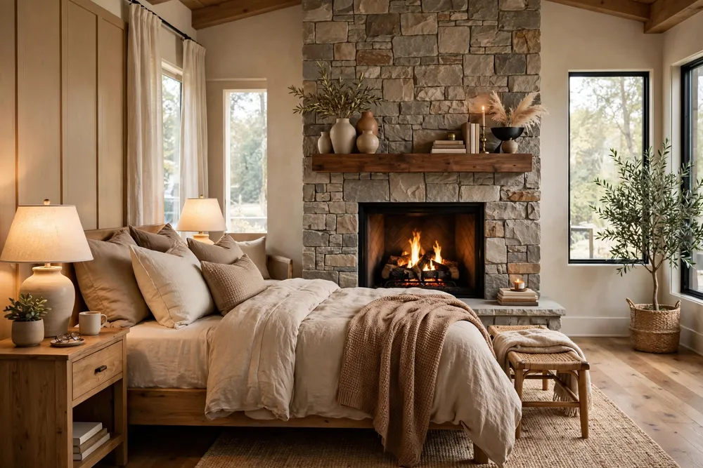 Primary bedroom with a fireplace as the focal point