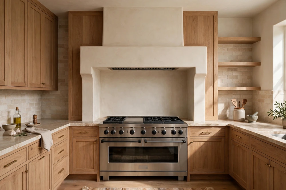 Kitchen range hood designed around a gas range