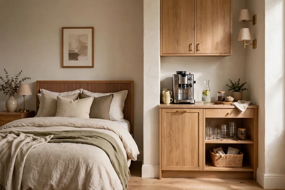 Primary bedroom with a small bedside beverage station