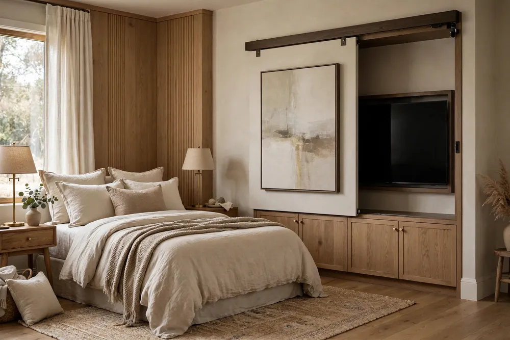 Primary bedroom with a concealed television hidden in cabinetry