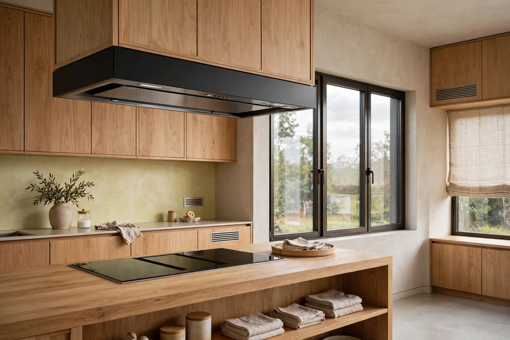 Kitchen range hood planned for a tightly sealed low energy home