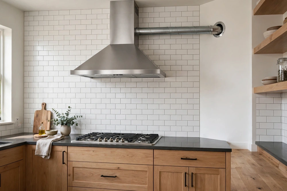 Kitchen range hood with a short direct duct route for efficient venting