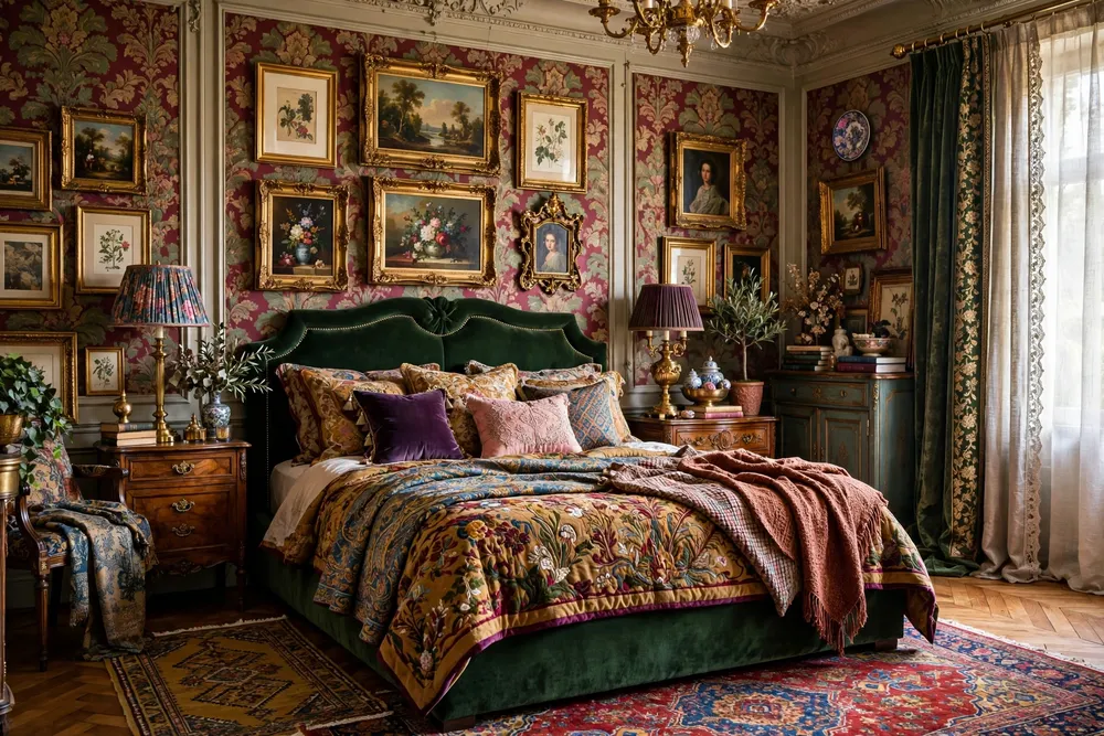 Primary bedroom with rich European maximalist layering