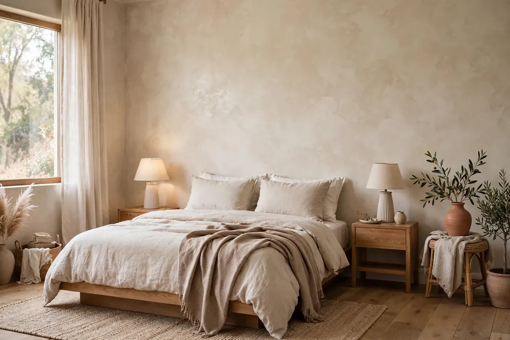 Primary bedroom with textured limewash plaster walls