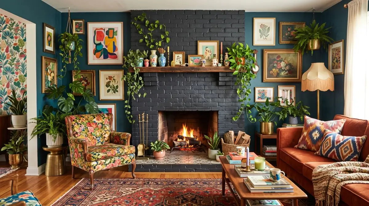 A Dark Fireplace in a Colorful, Eclectic Room