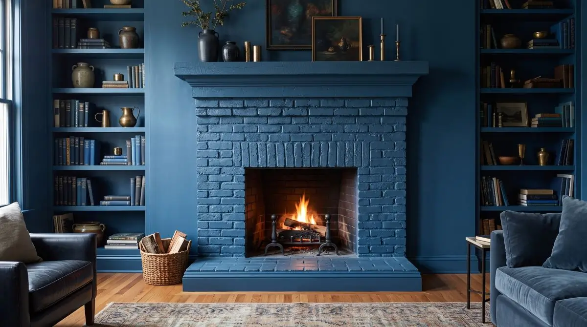 Color-Drenched Denim Blue Fireplace Wall