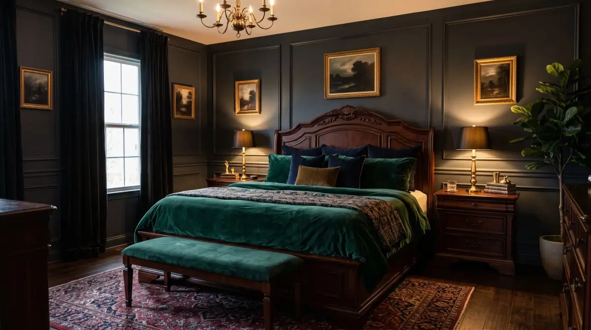 Dark Wood and Velvet Bedroom