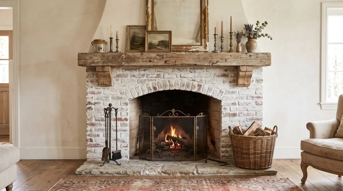 French-Country White Brick Fireplace