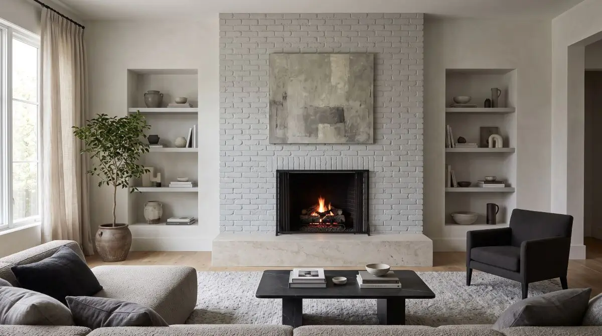 Gray Painted Brick Matched to a Limestone Hearth