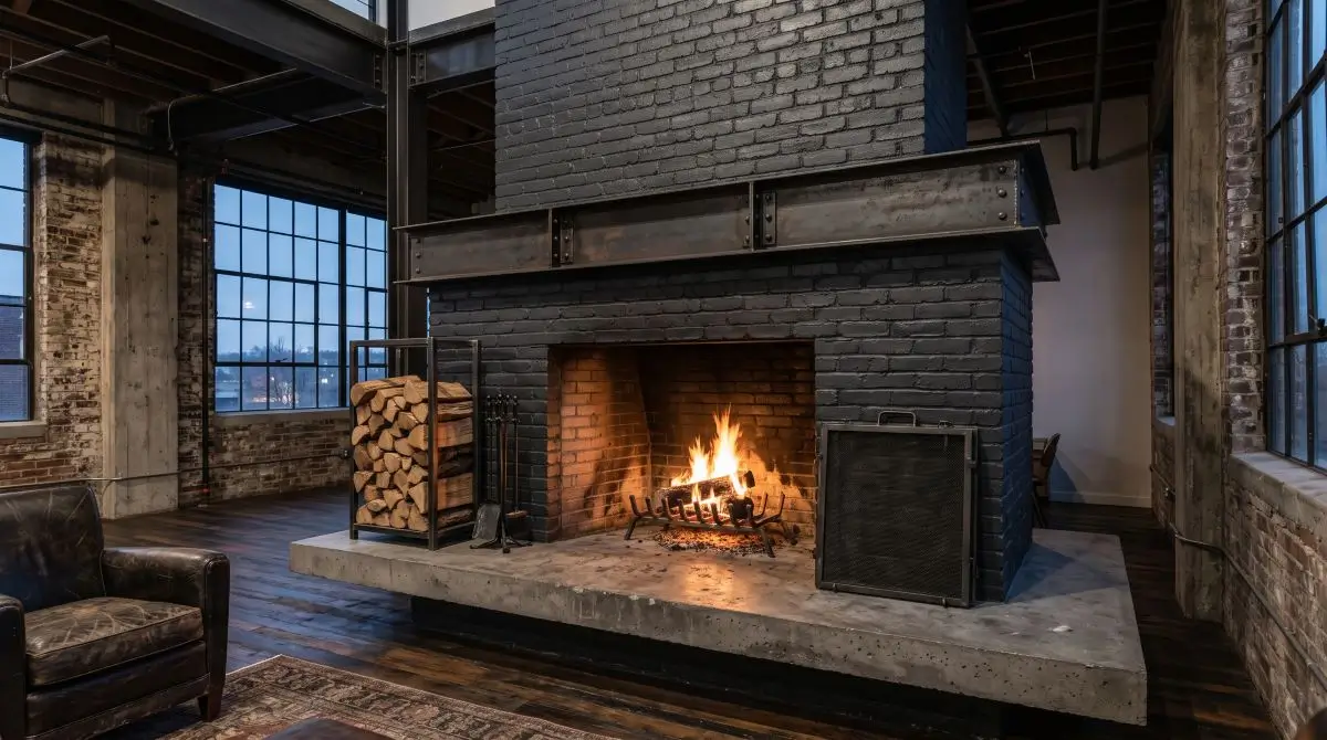Industrial Charcoal Brick Fireplace