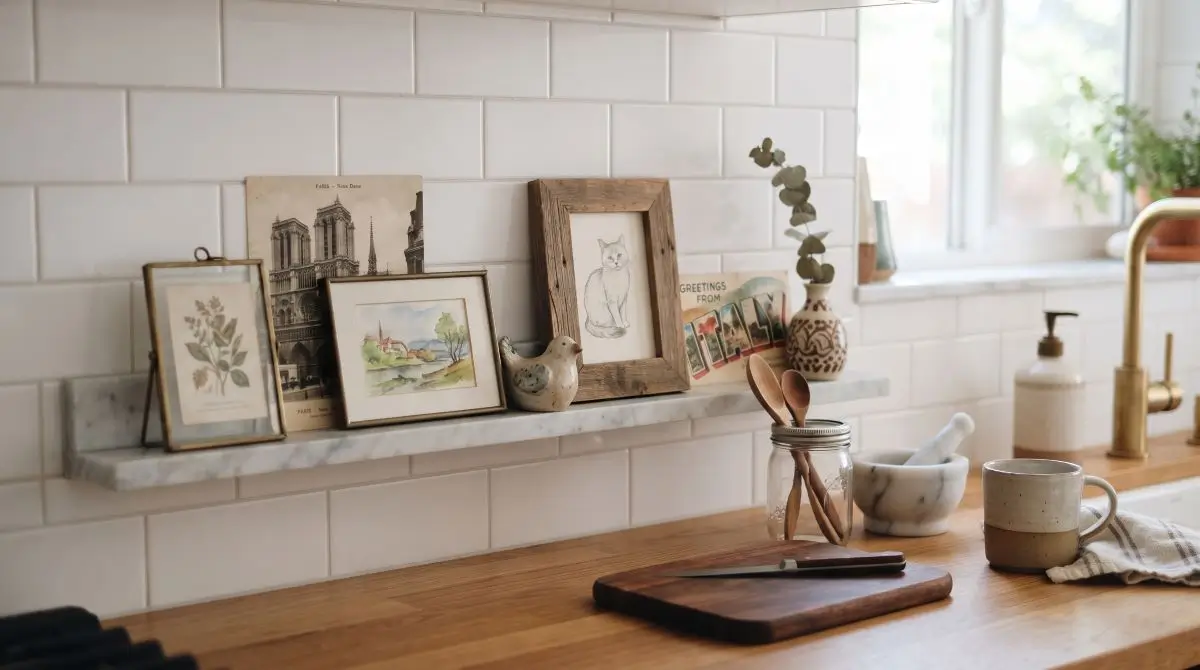 Layered Art on Backsplash Ledge