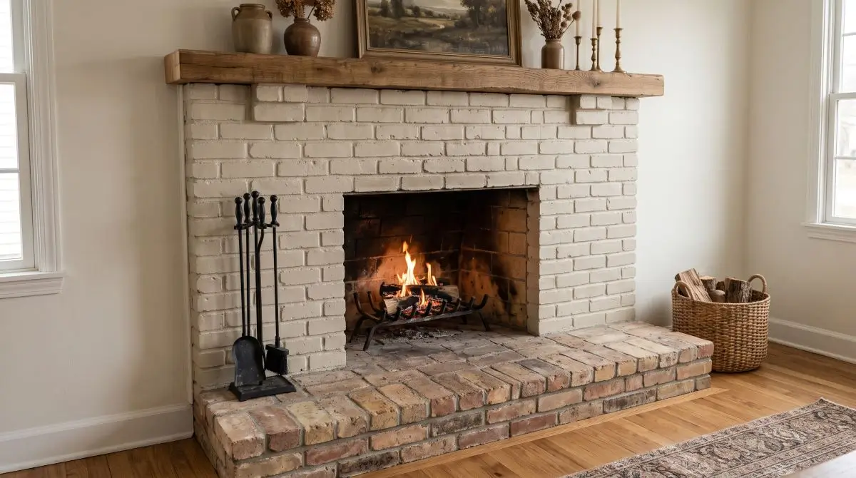 Painted Brick Shade Chosen to Flatter a Natural Brick Hearth