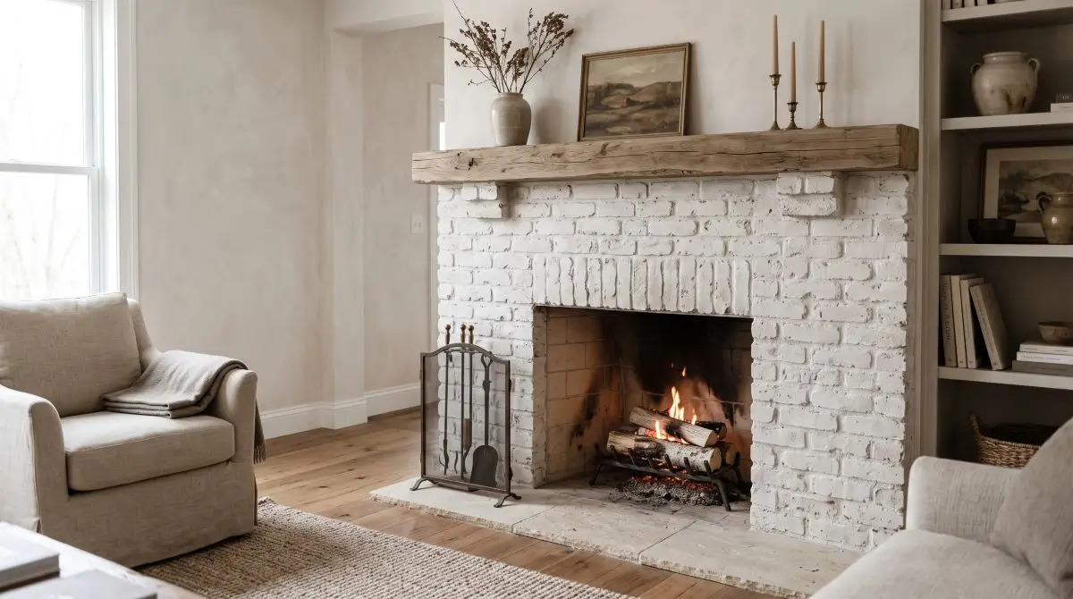 Pale Limewash Brick Fireplace