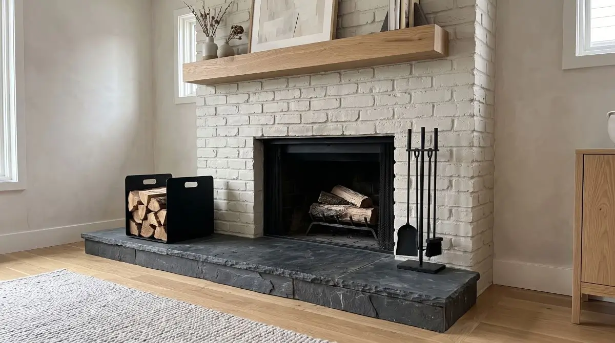 Pale Painted Brick for Contrast with a Dark Slate Hearth